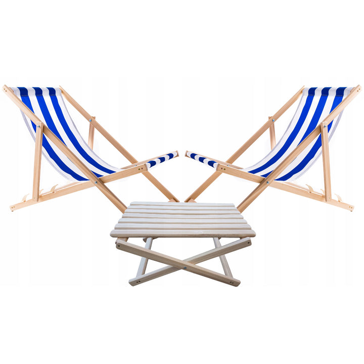 Set van 2 strandstoelen, blauwe strepen + houten salontafel Woodok