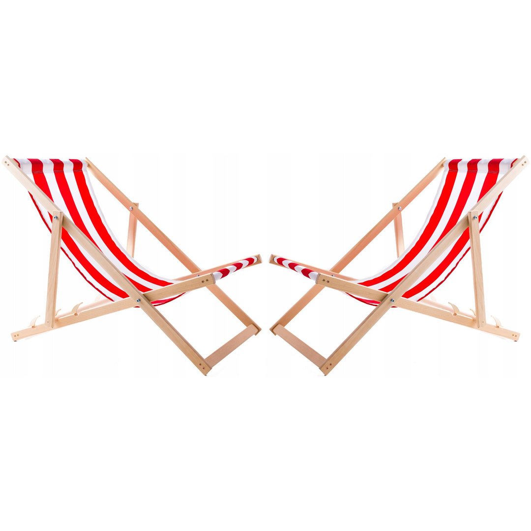 Set van 2 strandstoelen, rode strepen + houten salontafel Woodok