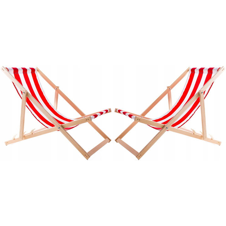 Set van 2 strandstoelen, rode strepen + houten salontafel Woodok