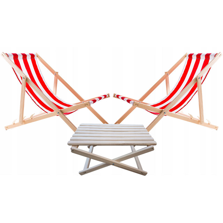 Set van 2 strandstoelen, rode strepen + houten salontafel Woodok