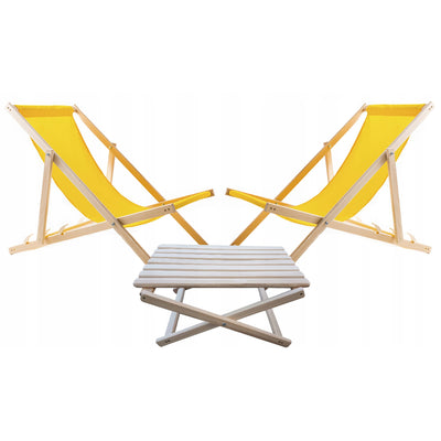 Set van 2 strandstoelen, geel + houten salontafel Woodok