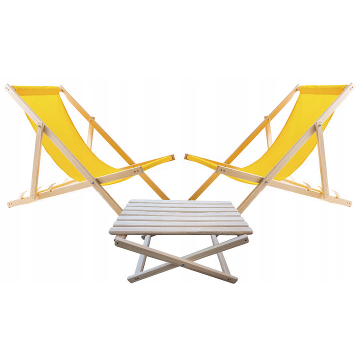 Set van 2 strandstoelen, geel + houten salontafel Woodok