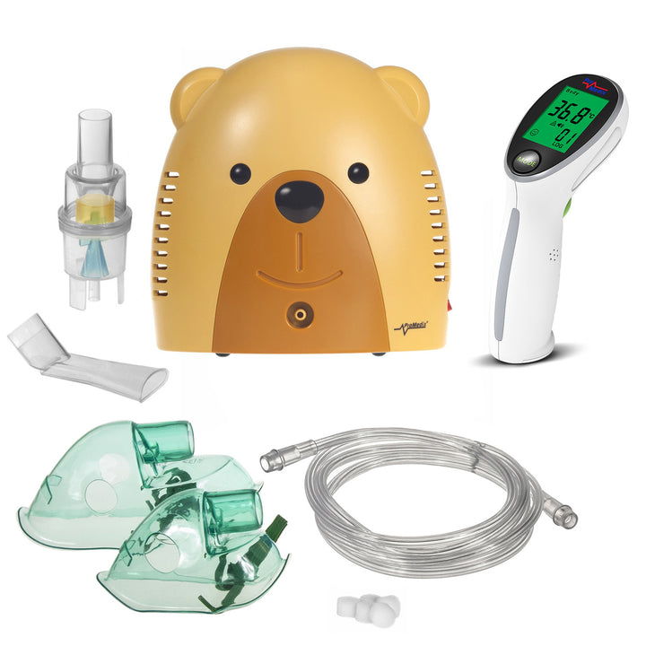 Promedix kinderinhalator, teddybeer, vernevelaar, masker, filterset, PR-811 + Promedix PR-960 infrarood contactloze medische thermometer