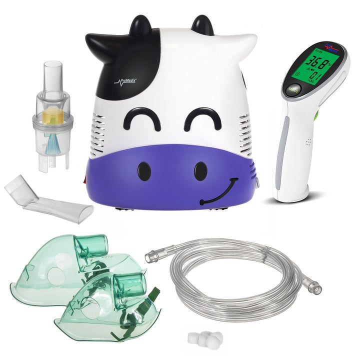 Promedix kinderinhalator, fudge, vernevelaar, masker, filterset, PR-810 + Promedix PR-960 contactloze infrarood medische thermometer