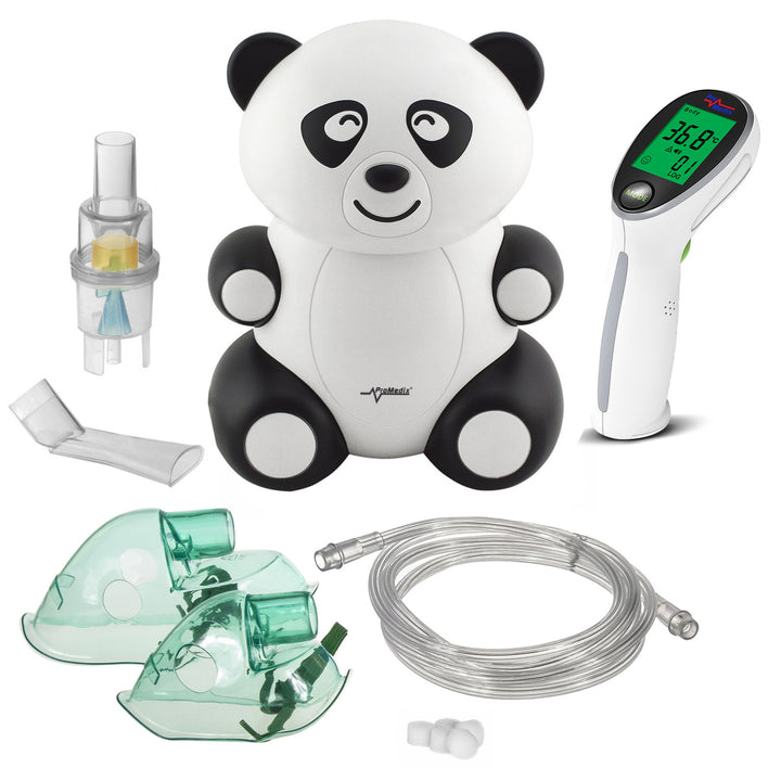 Babyinhalator Promedix PR-812 panda, vernevelaar, masker, filterset + infrarood contactloze medische thermometer Promedix PR-960