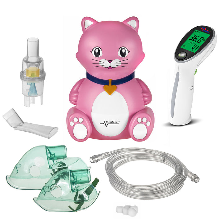 Promedix katteninhalator voor kinderen, set vernevelaar, maskers, filters, PR-816 + Promedix PR-960 infrarood contactloze medische thermometer