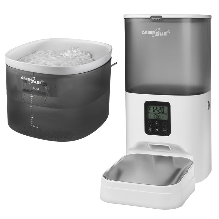 GreenBlue waterautomaat / drinkautomaat voor huisdieren, 3L, USB 5V1A, GB392 + GreenBlue voederautomaat voor huisdieren, 6L, USB 5V1A, GB393