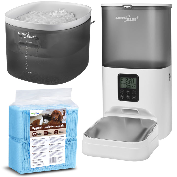 GreenBlue GB392 automatische waterdispenser / drinkautomaat voor huisdieren + GreenBlue GB393 automatische voedseldispenser / voederautomaat voor huisdieren + 60x40cm, 50pc onderlegger, GB495