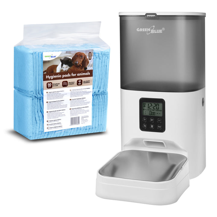 GreenBlue automatische voederautomaat, 6L, USB 5V1A, GB393 + GreenBlue honden/katten hygiëne pads/matten, voor plas training, 60x40cm, 50st, GB495