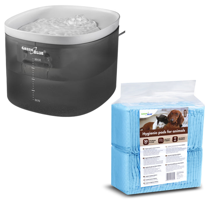 GreenBlue automatische waterdispenser / drinkbak voor huisdieren, 3L, USB 5V1A, GB392 + GreenBlue honden/katten hygiëne pads/matten, voor huisdier plas training, 60x40cm, 50st, GB495