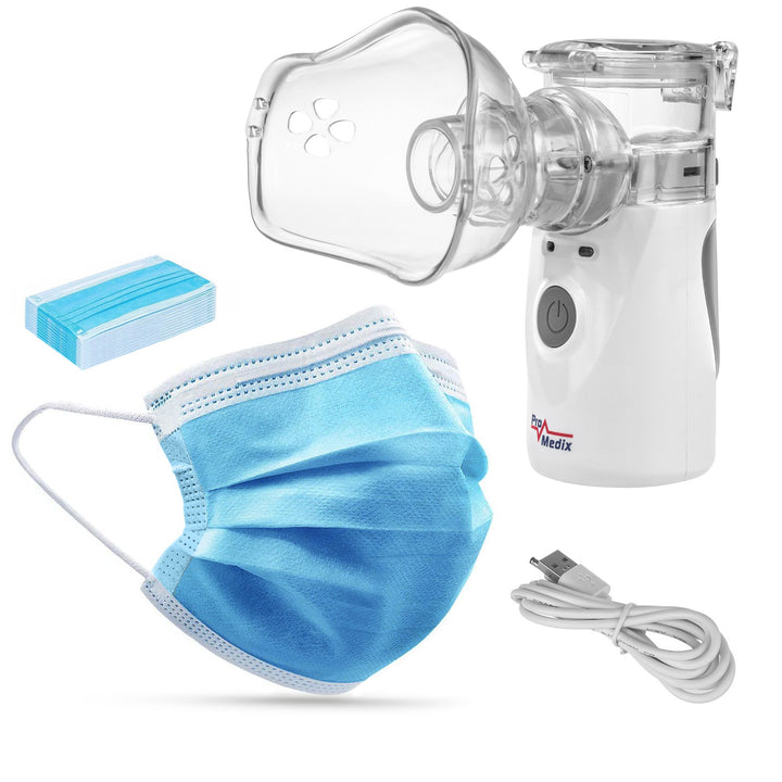 Promedix draagbare / handbediende draadloze vernevelaar, kit, maskers, PR-835 + 2x Medische maskers CE EN 14683:2019 - kit - blauwe kleur 10 stuks Promedix PR-280 BFE>98%