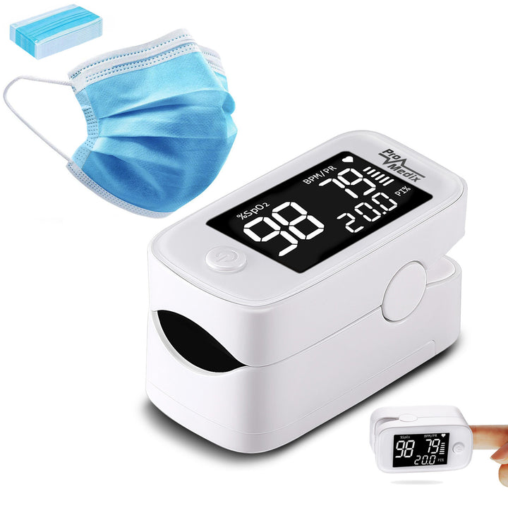 Promedix PR-870 1,5" HD LED-pulsoximeter medische pulsoximeter + 2x Medische maskers CE EN 14683:2019 - set - kleur blauw 10 stuks Promedix PR-280 BFE>98%