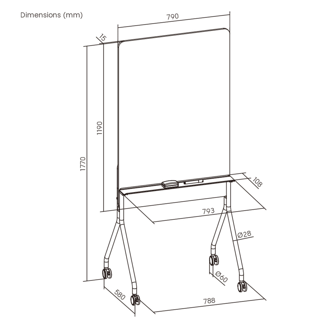 Ergo Office verrijdbaar droog uitwisbaar whiteboard, verticale oriëntatie, wit, enkelzijdig, met legbord, afmetingen van het bord 1190x790mm, ER-305