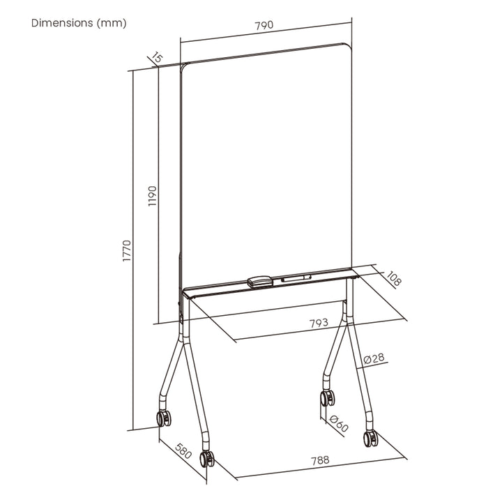 Ergo Office verrijdbaar droog uitwisbaar whiteboard, verticale oriëntatie, wit, enkelzijdig, met legbord, afmetingen van het bord 1190x790mm, ER-305