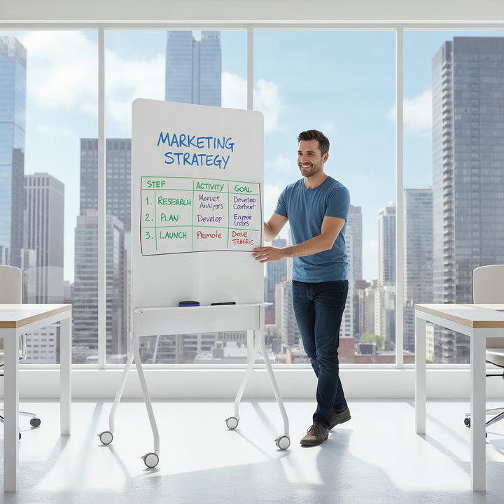 Ergo Office verrijdbaar droog uitwisbaar whiteboard, verticale oriëntatie, wit, enkelzijdig, met legbord, afmetingen van het bord 1190x790mm, ER-305