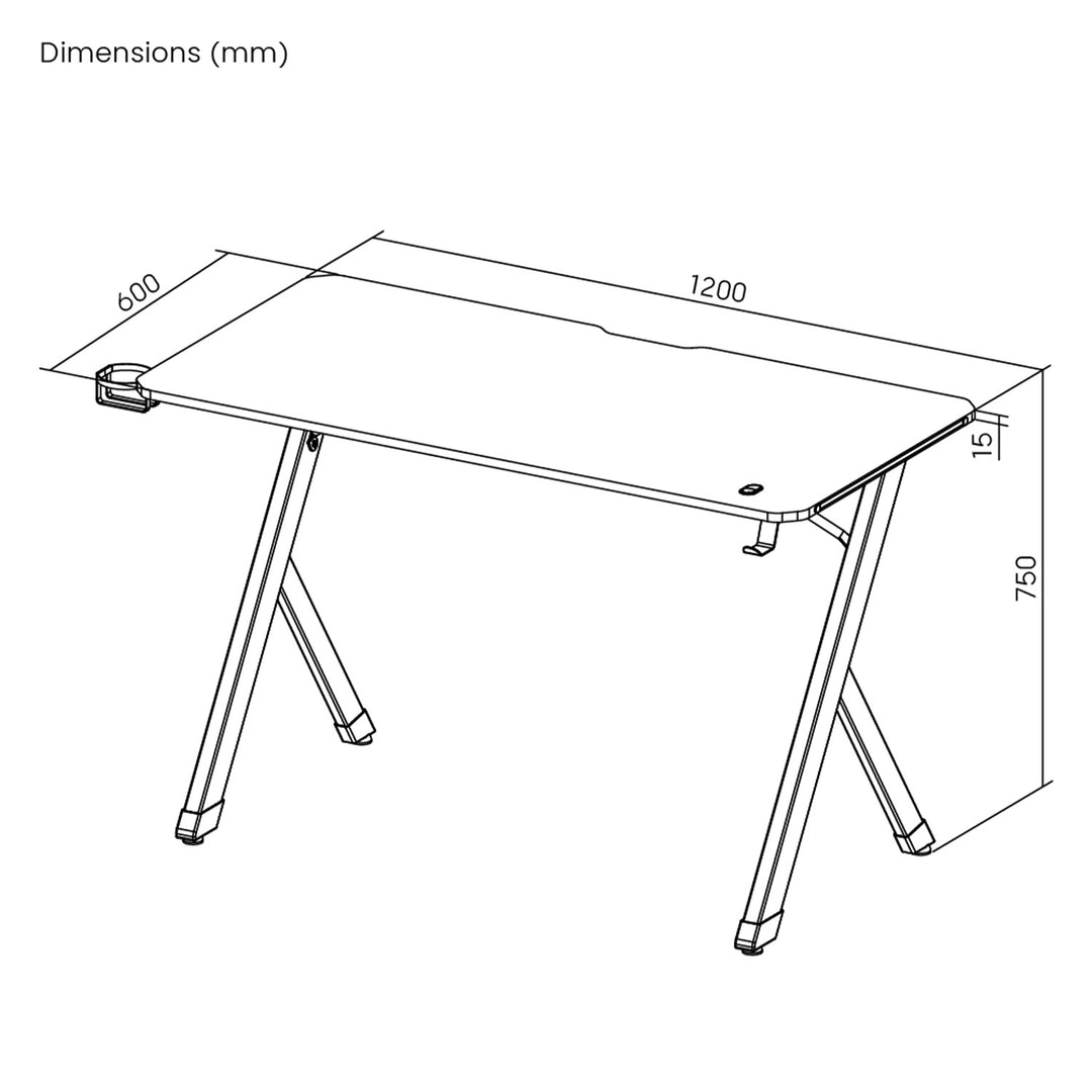 NanoRS gaming bureau, zwart, met koptelefoon- en bekerhouder, max. 75kg, afmetingen 1200x600x750mm, RS101