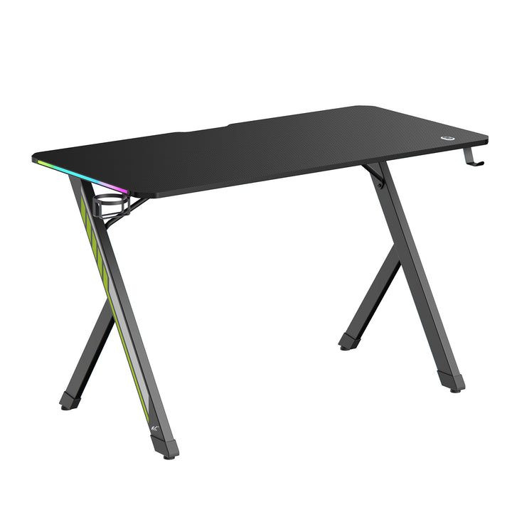 NanoRS gaming bureau, zwart, met koptelefoon- en bekerhouder, RGB-achtergrondverlichting, max. 75kg, afmetingen 1200x600x750mm, RS102