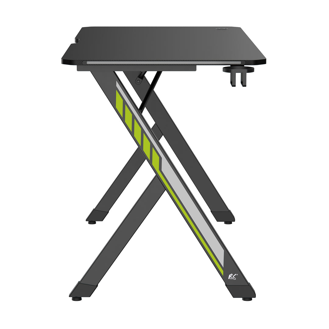 NanoRS gaming bureau, zwart, met koptelefoon- en bekerhouder, RGB-achtergrondverlichting, max. 75kg, afmetingen 1200x600x750mm, RS102