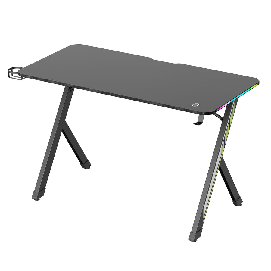 NanoRS gaming bureau, zwart, met koptelefoon- en bekerhouder, RGB-achtergrondverlichting, max. 75kg, afmetingen 1200x600x750mm, RS102