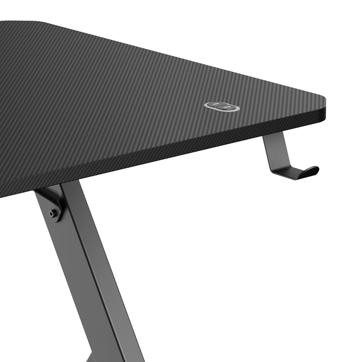 NanoRS gaming bureau, zwart, met koptelefoon- en bekerhouder, RGB-achtergrondverlichting, max. 75kg, afmetingen 1200x600x750mm, RS102