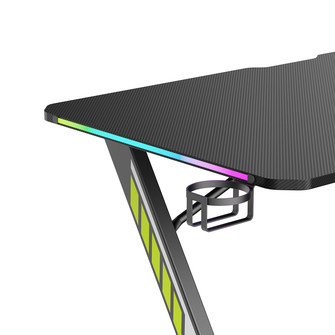 NanoRS gaming bureau, zwart, met koptelefoon- en bekerhouder, RGB-achtergrondverlichting, max. 75kg, afmetingen 1200x600x750mm, RS102