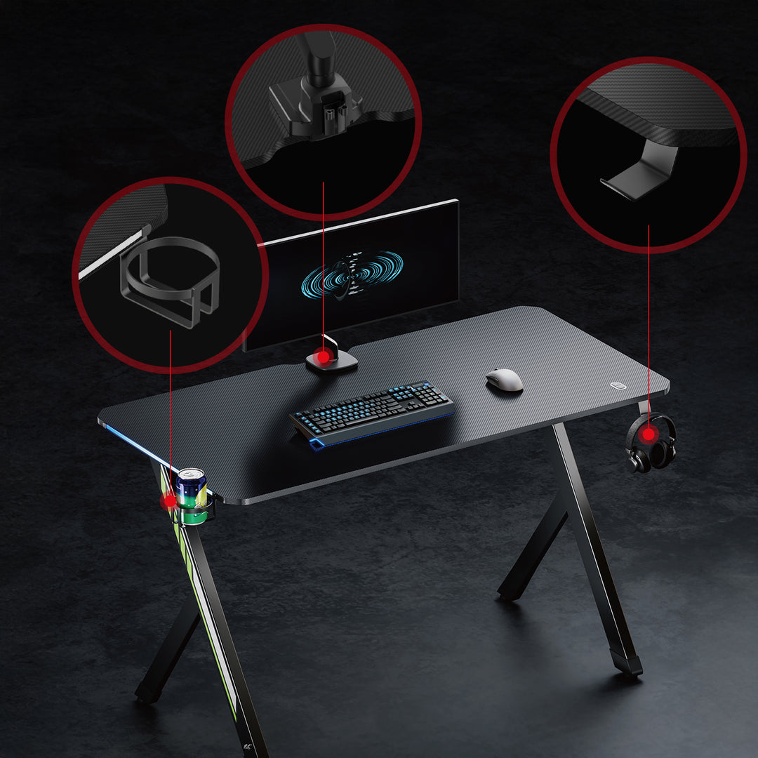 NanoRS gaming bureau, zwart, met koptelefoon- en bekerhouder, RGB-achtergrondverlichting, max. 75kg, afmetingen 1200x600x750mm, RS102