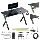 NanoRS gaming bureau, zwart, met koptelefoon- en bekerhouder, RGB-achtergrondverlichting, max. 75kg, afmetingen 1200x600x750mm, RS102