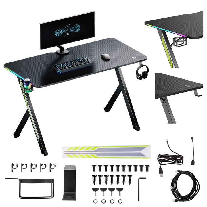 NanoRS gaming bureau, zwart, met koptelefoon- en bekerhouder, RGB-achtergrondverlichting, max. 75kg, afmetingen 1200x600x750mm, RS102