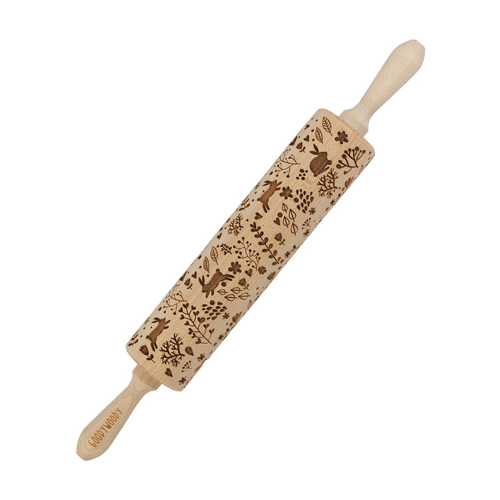 Goody Woody gegraveerde taartroller, 46 cm, beukenhout, konijntje design