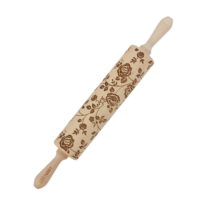 Goody Woody gegraveerde taartroller, 46 cm, beukenhout, wilde roos ontwerp