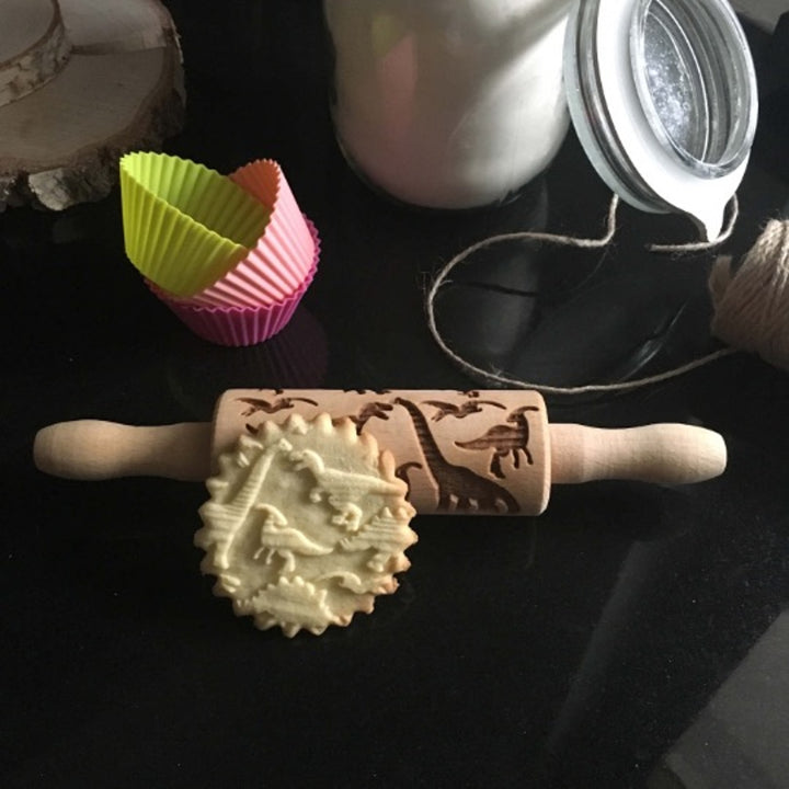 Goody Woody gegraveerde taartroller, 23,5 cm, beukenhout, dinosaurusontwerp