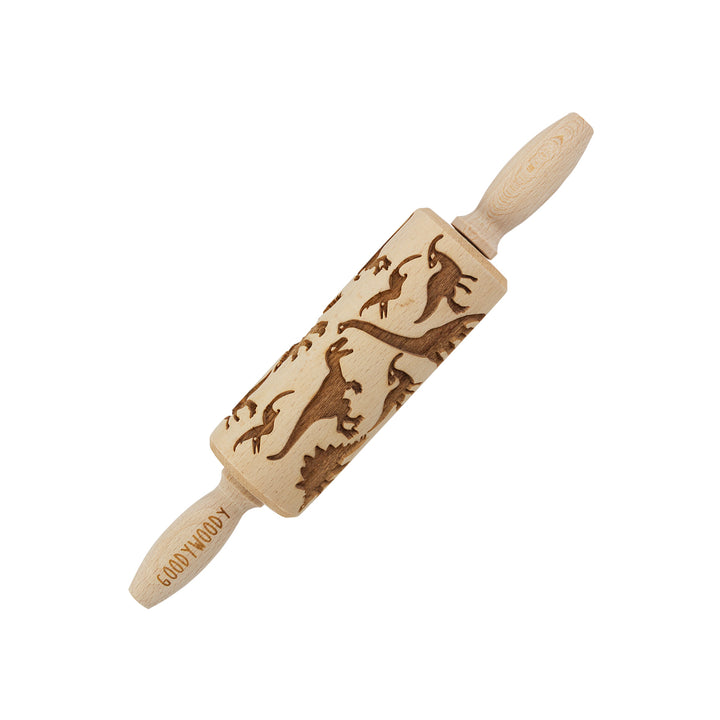 Goody Woody gegraveerde taartroller, 23,5 cm, beukenhout, dinosaurusontwerp