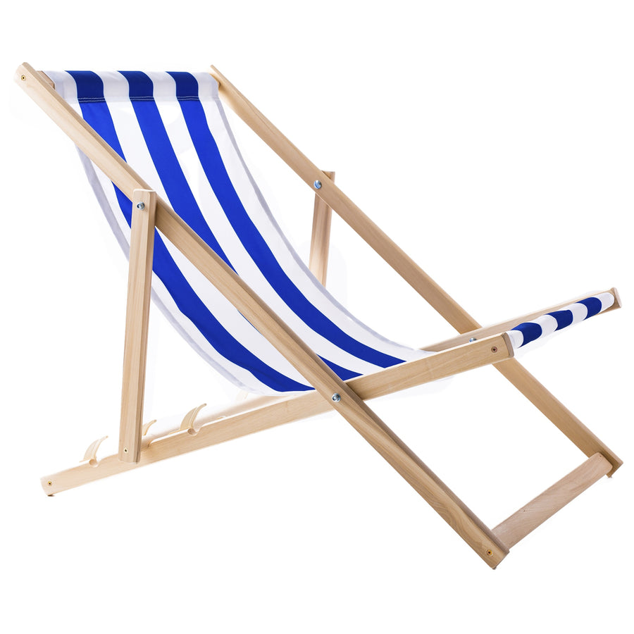 2 comfortabele houten ligstoelen, blauw gestreept, ideaal voor het strand, balkon, terras, gemonteerd