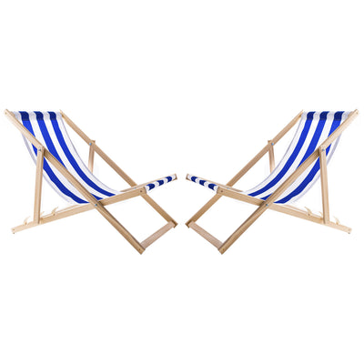 2 comfortabele houten ligstoelen, blauw gestreept, ideaal voor het strand, balkon, terras, gemonteerd