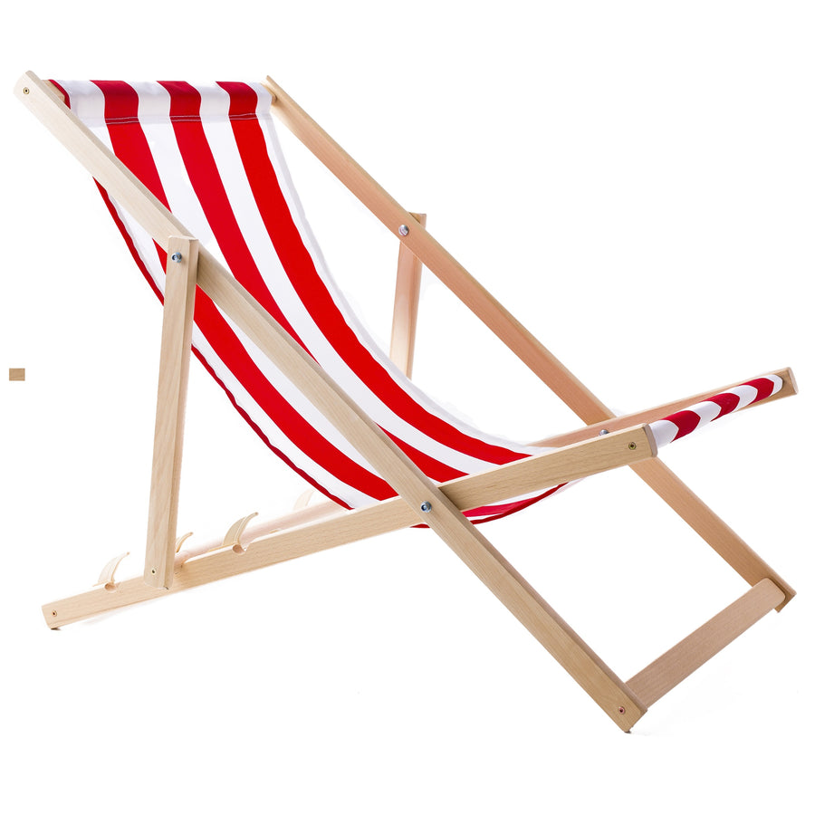 2 comfortabele houten ligstoelen, rode strepen, ideaal voor het strand, balkon, terras, gemonteerd