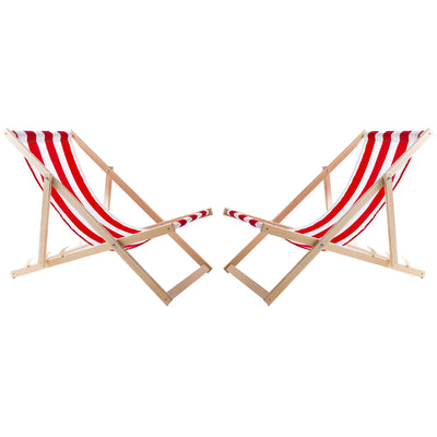 2 comfortabele houten ligstoelen, rode strepen, ideaal voor het strand, balkon, terras, gemonteerd