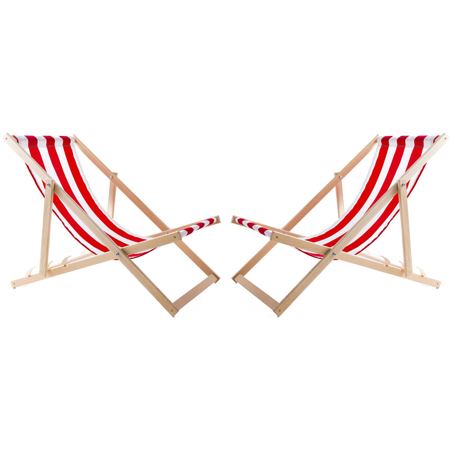 2 comfortabele houten ligstoelen, rode strepen, ideaal voor het strand, balkon, terras, gemonteerd
