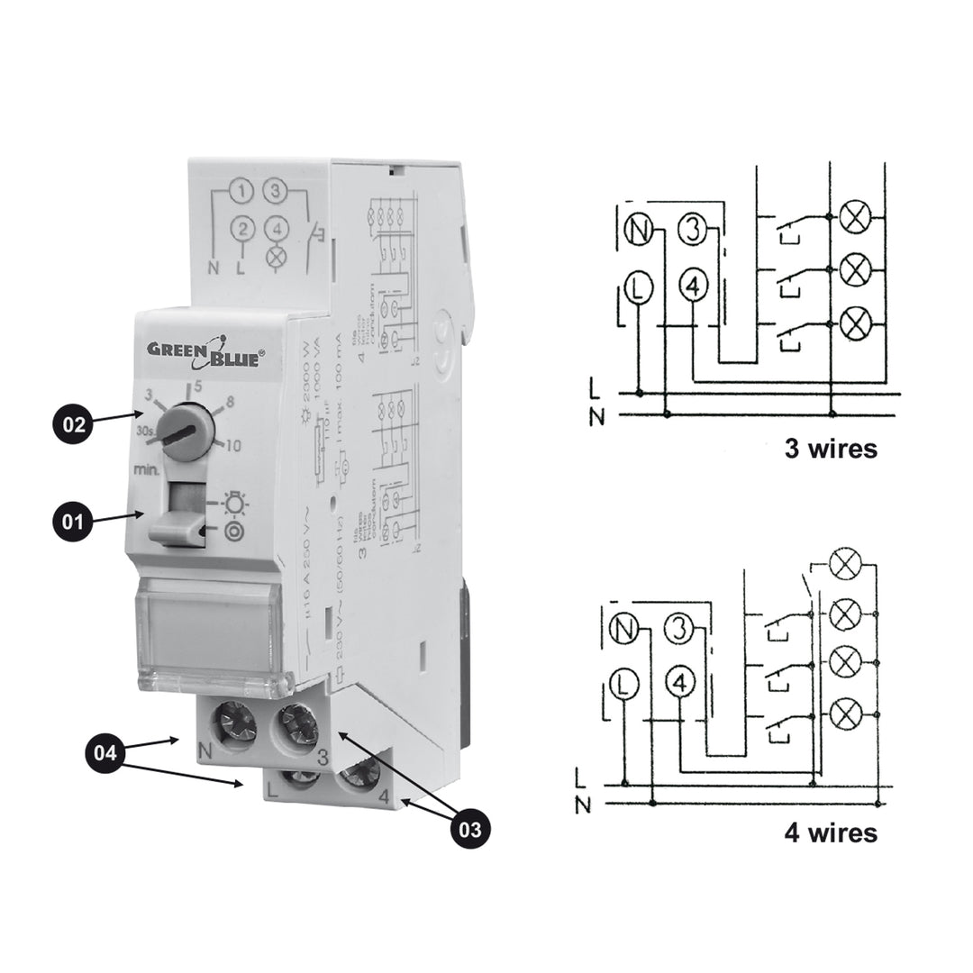 GreenBlue automatische trappenhuisverlichting voor DIN-railmontage, 30s-10m regeling, max 2300 W, GB114, 3 eenheden