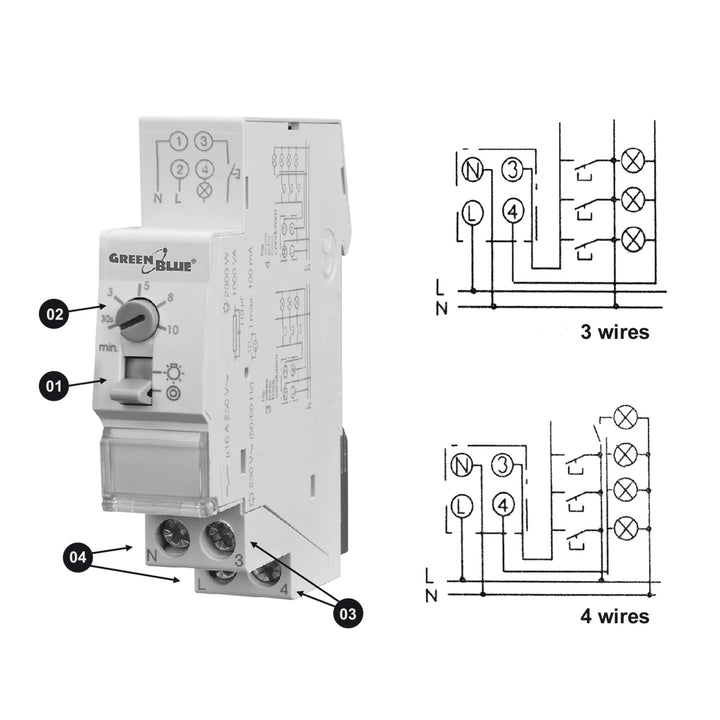 GreenBlue automatische trappenhuisverlichting voor DIN-railmontage, 30s-10m regeling, max 2300 W, GB114, 3 eenheden