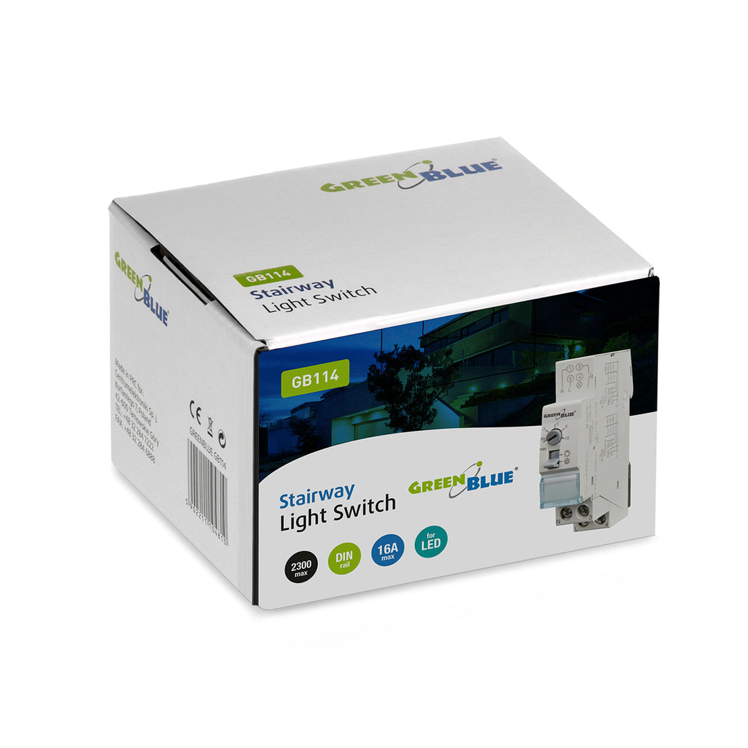 GreenBlue automatische trappenhuisverlichting voor DIN-railmontage, 30s-10m regeling, max 2300 W, GB114, 3 eenheden