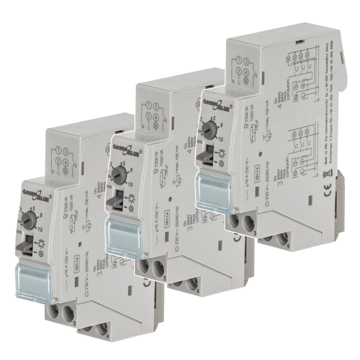 GreenBlue automatische trappenhuisverlichting voor DIN-railmontage, 30s-10m regeling, max 2300 W, GB114, 3 eenheden