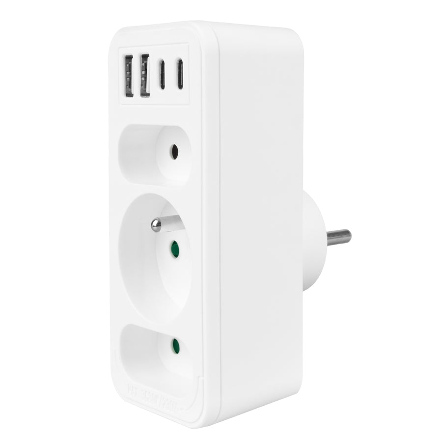 Stopcontact x3 + 4xUSB Maclean, 3-voudige splitter, 2xUSB A, 2xUSB C PD 20W, 1x16A + 2x6A, MCE248 F/W