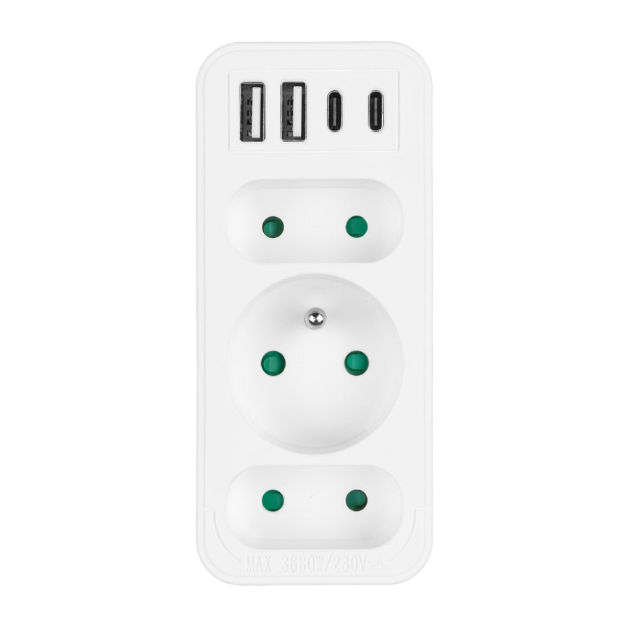 Stopcontact x3 + 4xUSB Maclean, 3-voudige splitter, 2xUSB A, 2xUSB C PD 20W, 1x16A + 2x6A, MCE248 F/W