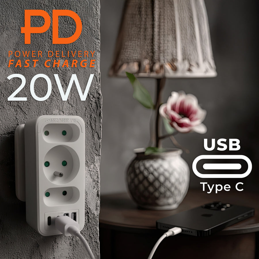 Stopcontact x3 + 4xUSB Maclean, 3-voudige splitter, 2xUSB A, 2xUSB C PD 20W, 1x16A + 2x6A, MCE248 F/W