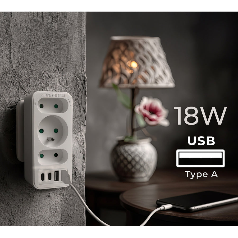 Stopcontact x3 + 4xUSB Maclean, 3-voudige splitter, 2xUSB A, 2xUSB C PD 20W, 1x16A + 2x6A, MCE248 F/W