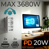 Stopcontact x3 + 4xUSB Maclean, 3-voudige splitter, 2xUSB A, 2xUSB C PD 20W, 1x16A + 2x6A, MCE248 F/W