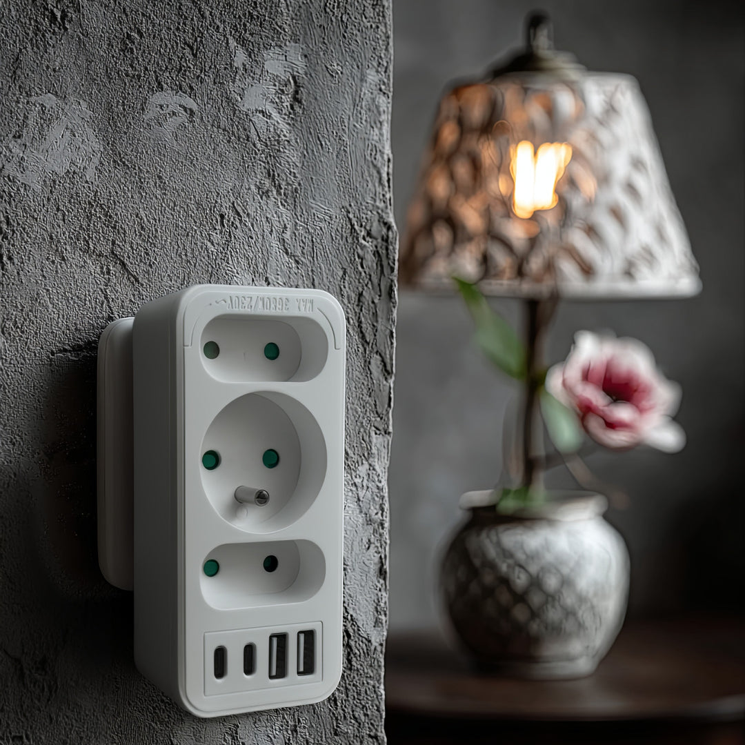 Stopcontact x3 + 4xUSB Maclean, 3-voudige splitter, 2xUSB A, 2xUSB C PD 20W, 1x16A + 2x6A, MCE248 F/W