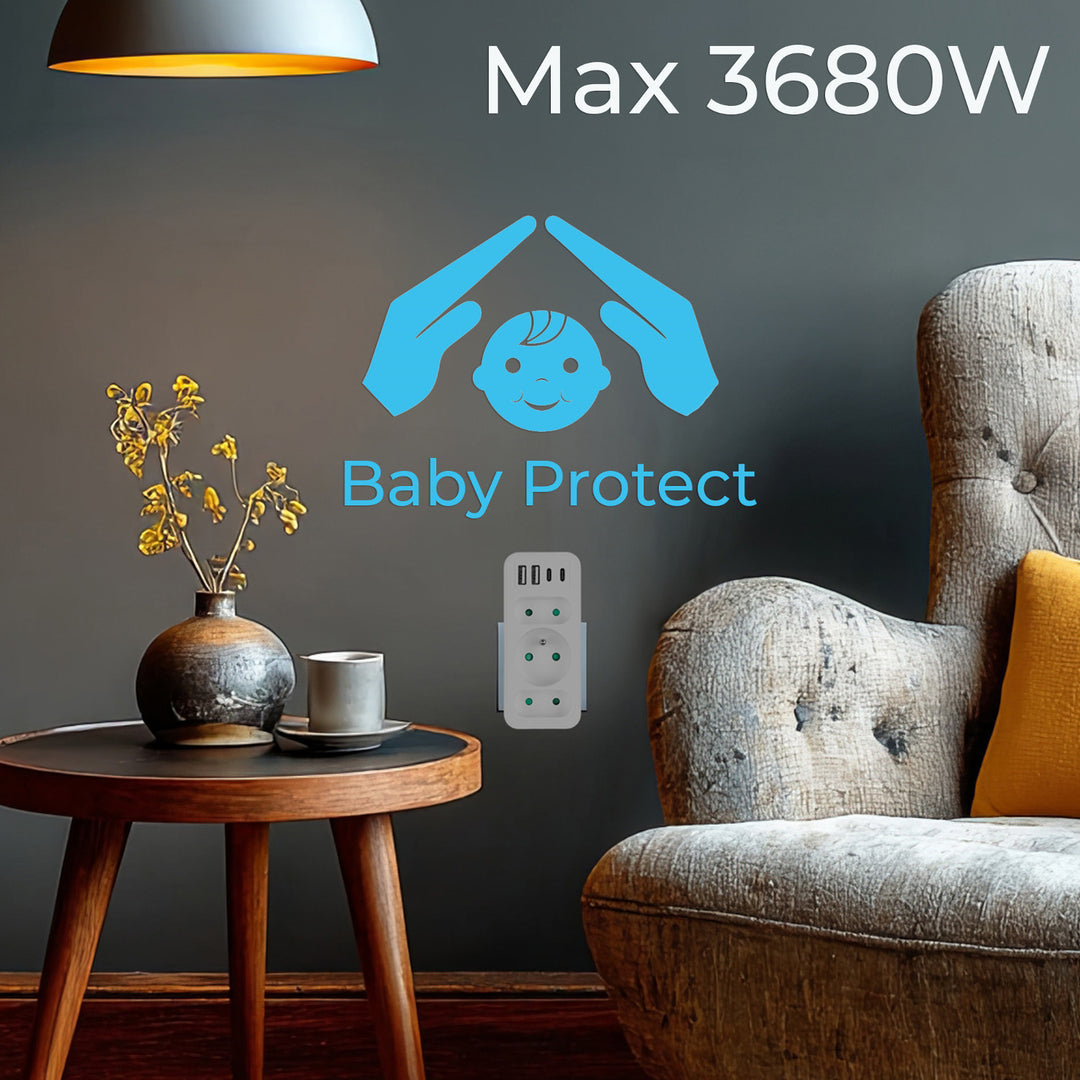 Stopcontact x3 + 4xUSB Maclean, 3-voudige splitter, 2xUSB A, 2xUSB C PD 20W, 1x16A + 2x6A, MCE248 F/W