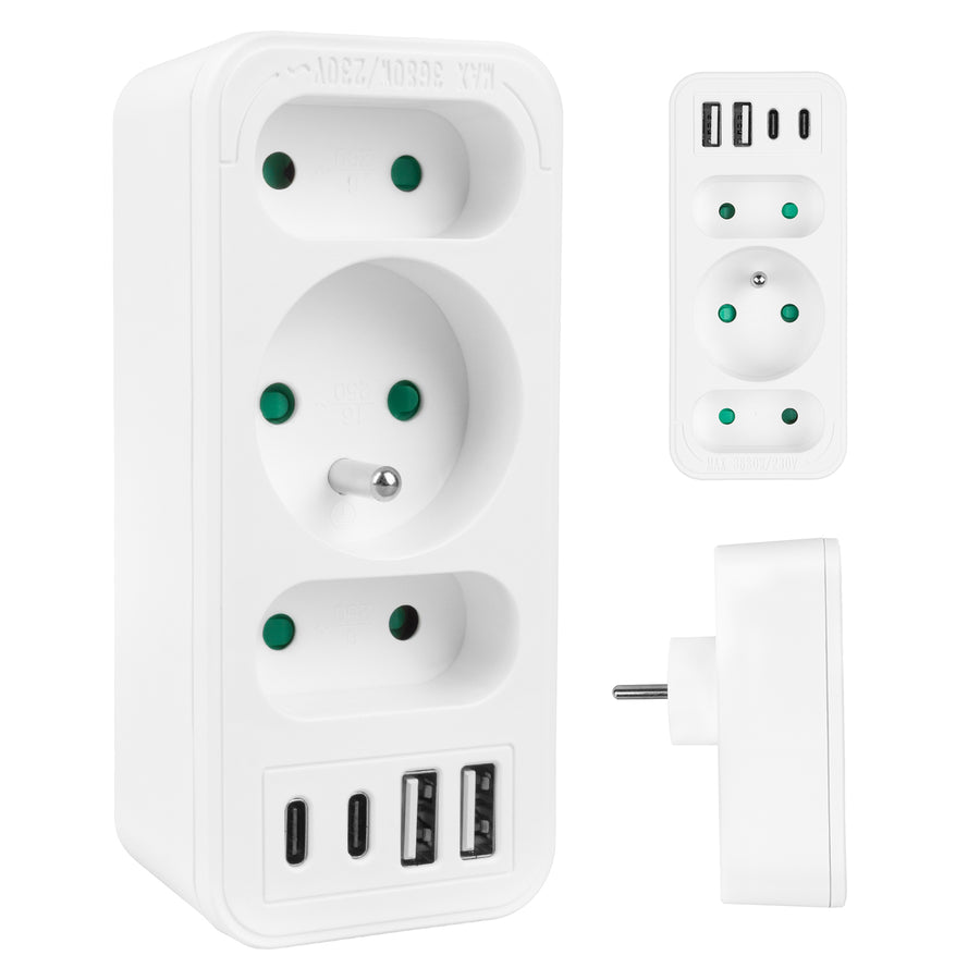 Stopcontact x3 + 4xUSB Maclean, 3-voudige splitter, 2xUSB A, 2xUSB C PD 20W, 1x16A + 2x6A, MCE248 F/W