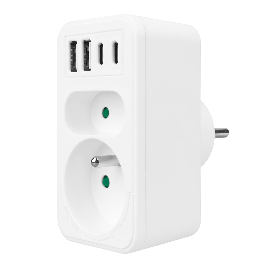 Maclean-stroomaansluiting x2 + 4xUSB, splitter met 2 aansluitingen, 2xUSB A, 2xUSB C PD 20W, 1x16A + 1x6A, MCE249 F/W